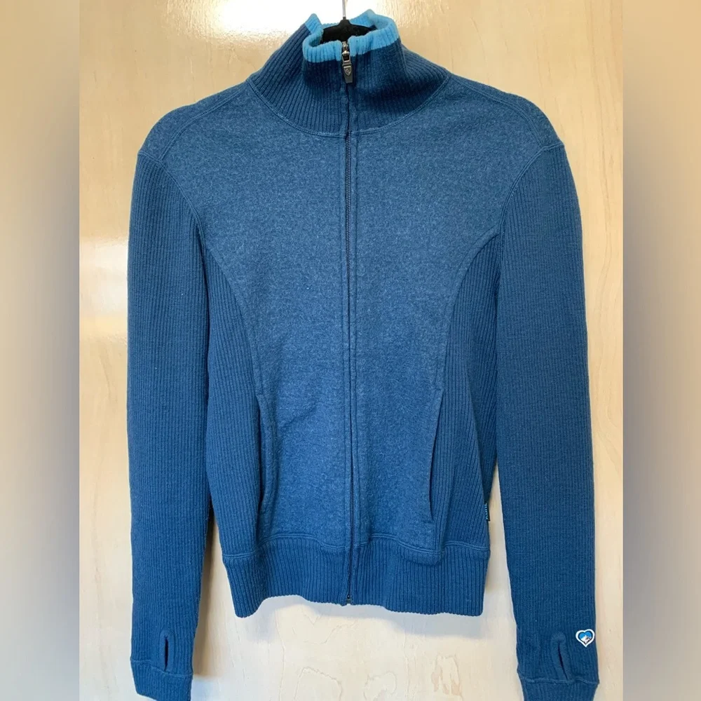 Kuhl Sweater Jacket womens Small Blue Merino Wool pockets thumb holes full zip - Picture 1 of 9